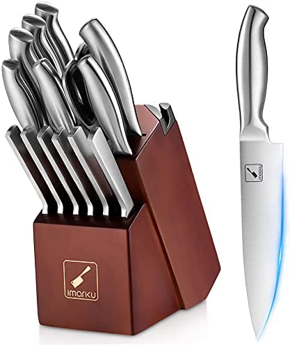 Kitchen Knives Set with Block, imarku 15-Pieces High Carbon German Steel Knife Set, Knife Block Set with Built-in Sharpener, Sliver