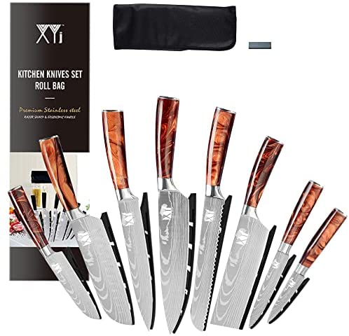 XYJ Stainless Steel Kitchen Knives Set 8 Piece Chef Knife Set with Carry Case Bag & Sheath Well Balance Ergonomic Handle