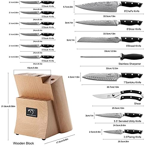 Kitchen Damascus Knife Set, 9-Piece Kitchen Knife Set with Block, ABS Ergonomic Handle for Chef Knife Set, Knife Sharpener and Kitchen Shears, Beechwood Block