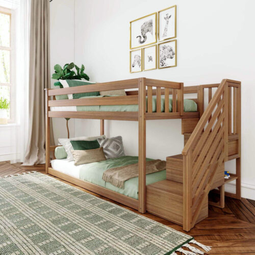 Max and Lily Twin Over Twin Low Bunk Bed with Staircase - Pecan - MadeInUSA