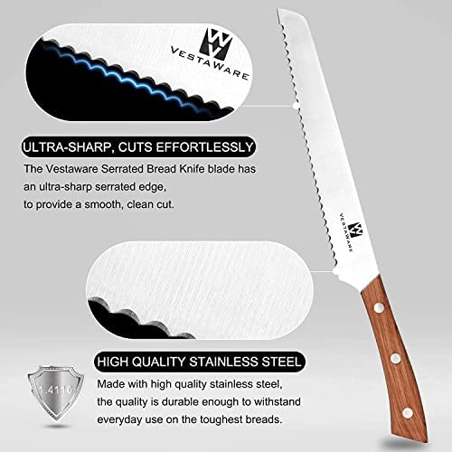 Vestaware Knife Set, 16-Piece Chef Knife Set with Knife Sharpener, Stainless Steel Kitchen Knives Set with Wooden Block, 6 Steak Knives and Bonus Scissors