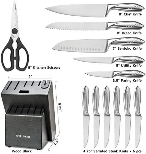 WELLSTAR Rainbow Knife Set 14 Pieces, Iridescent German Stainless Steel Kitchen Knives Set with Wooden Block, Colorful Titanium Coating, Chef’s Knife Block Set with Scissors and Built-in Sharpener