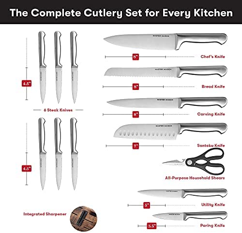 19-Piece Premium Kitchen Knife Set With Wooden Block | Master Maison German Stainless Steel Cutlery With Knife Sharpener & 8 Steak Knives