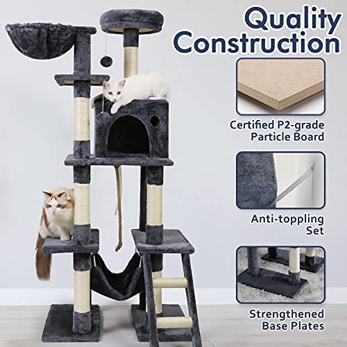 rabbitgoo Cat Tree Cat Tower 61" for Indoor Cats, Multi-Level Cat Condo with Hammock & Scratching Posts for Kittens