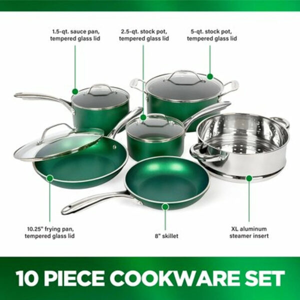 Granitestone Emerald Collection 10 Piece Pots and Pans Set with Ultra Nonstick Durable Mineral & Diamond Triple Coated Surface, Stainless Steel Stay Cool Handles, Oven & Dishwasher Safe